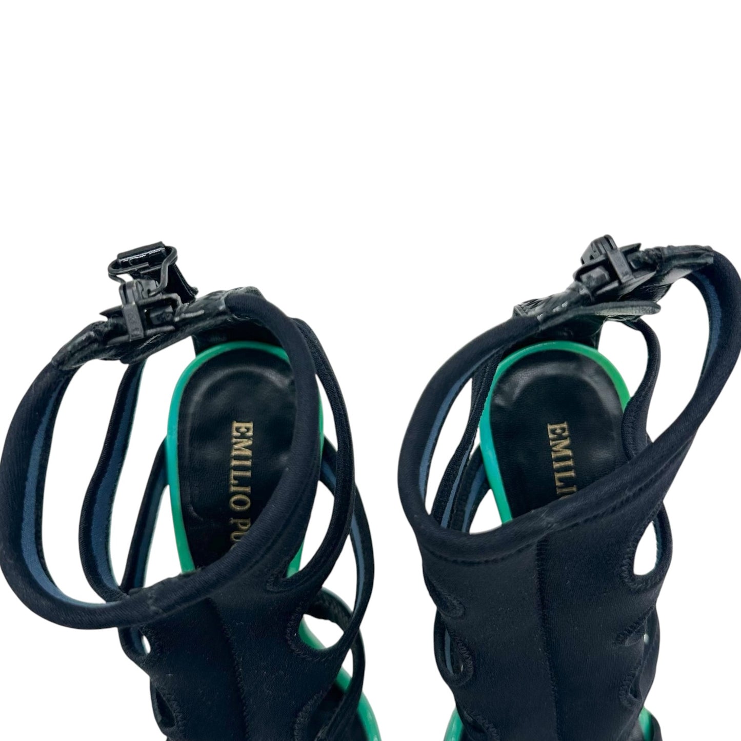 Emilio Pucci Green Patent Leather & Black Neoprene Strappy Stiletto Sandals