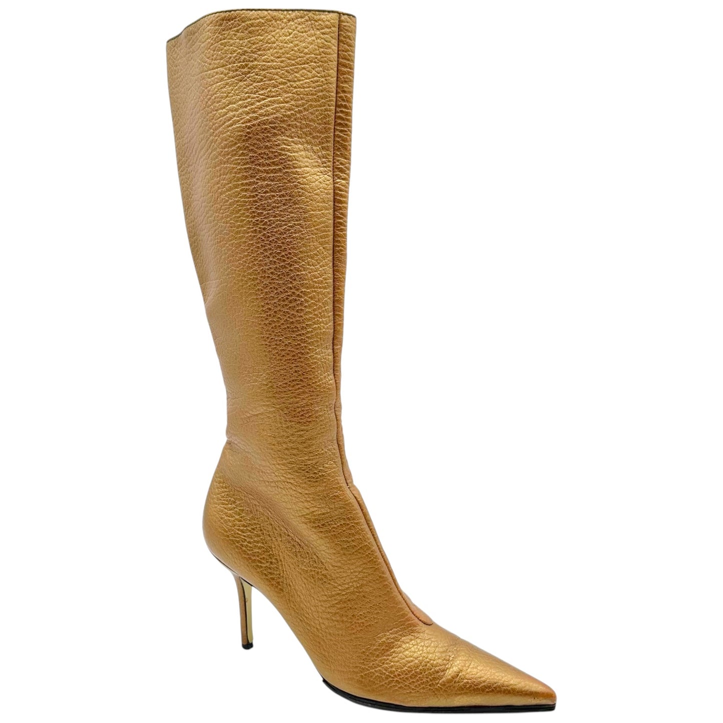 Dolce & Gabbana Gold Leather Pointed Toe Heeled Knee High Boots