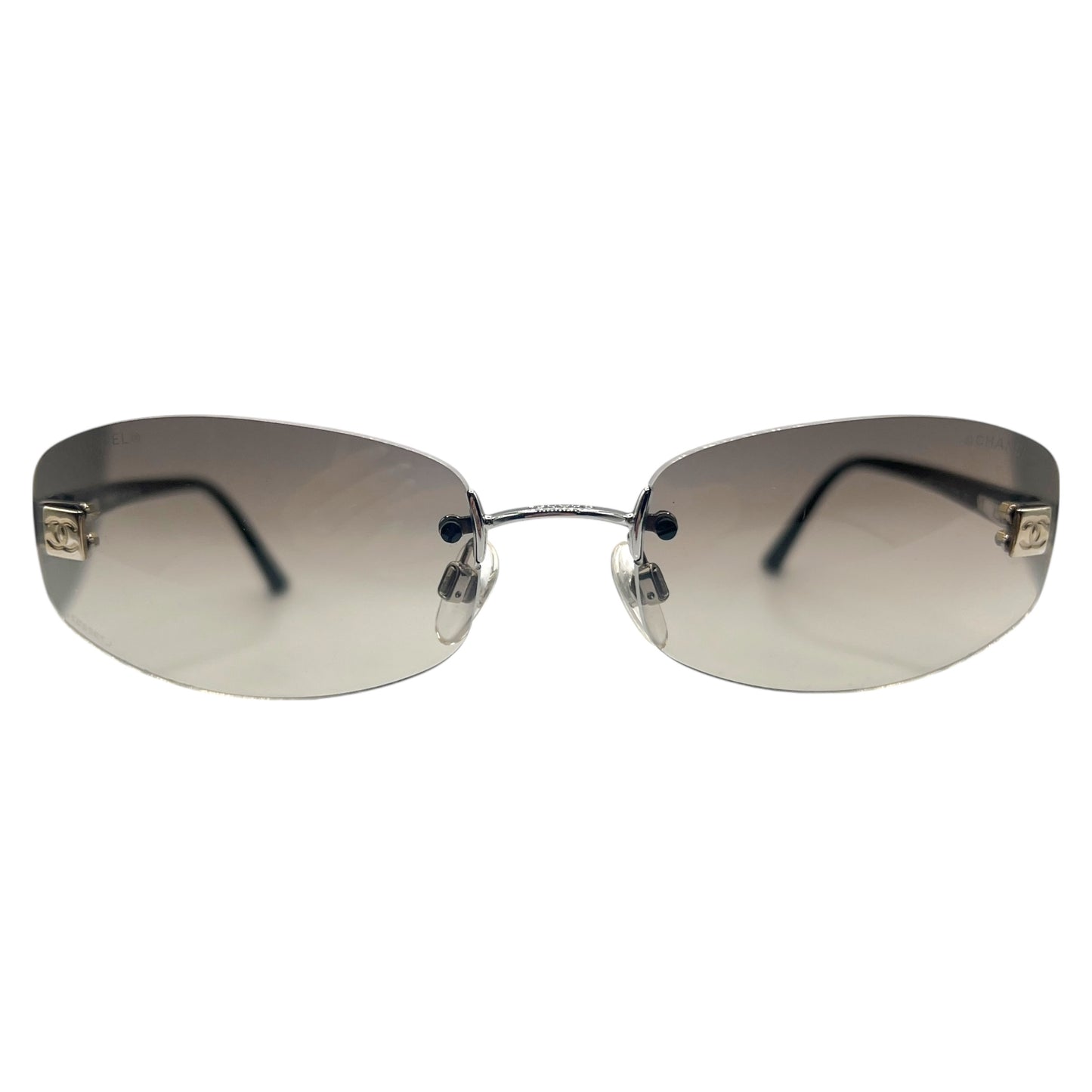 Chanel Gray & Black Logo Lens Rimless Oval Sunglasses 4067