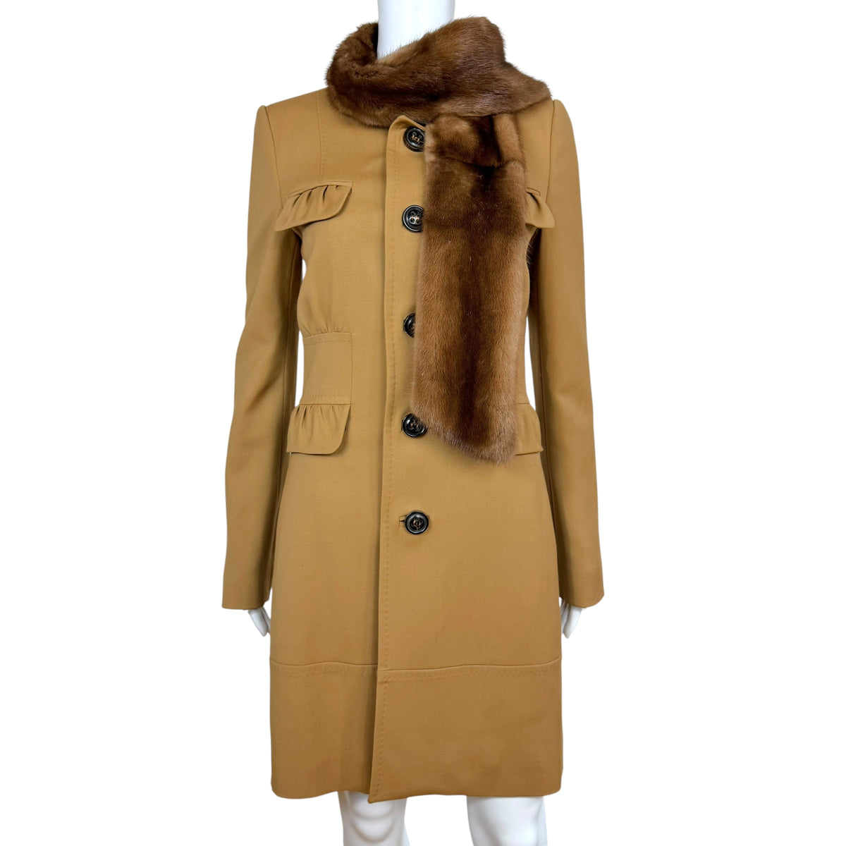 Dsquared2 Brown Wool Mid-Length Coat w/ Mink 'Scarf' Collar