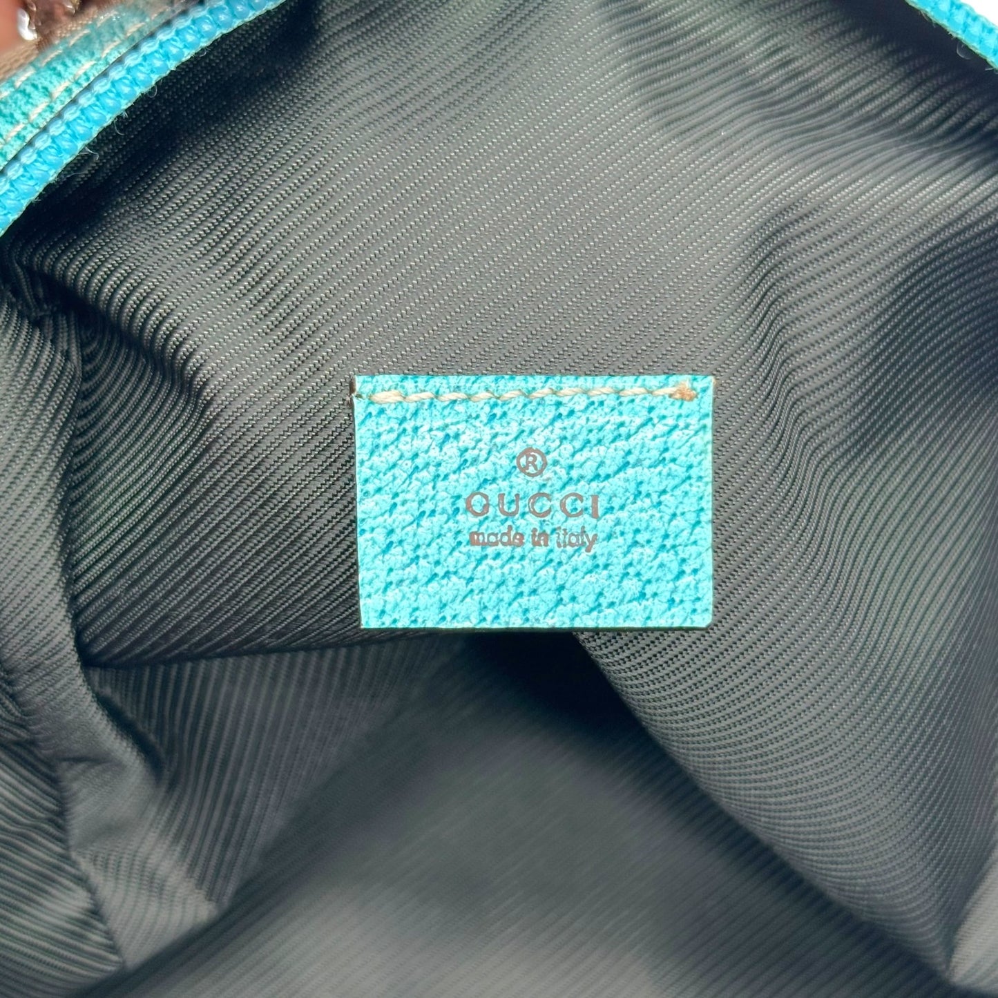 Gucci Tan Monogram & Turquoise Top Handle Pochette Bag