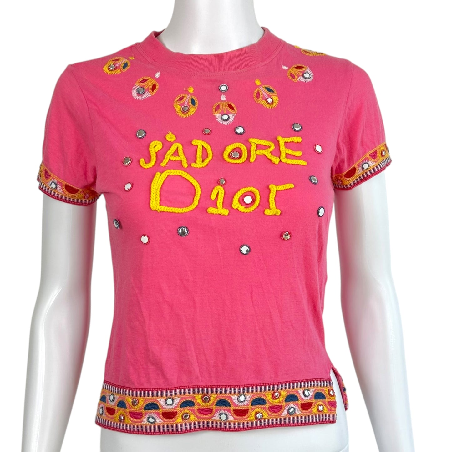 Christian Dior S/S 2004 J'Adore Dior Pink & Yellow Embroidered & Embellished Baby Tee