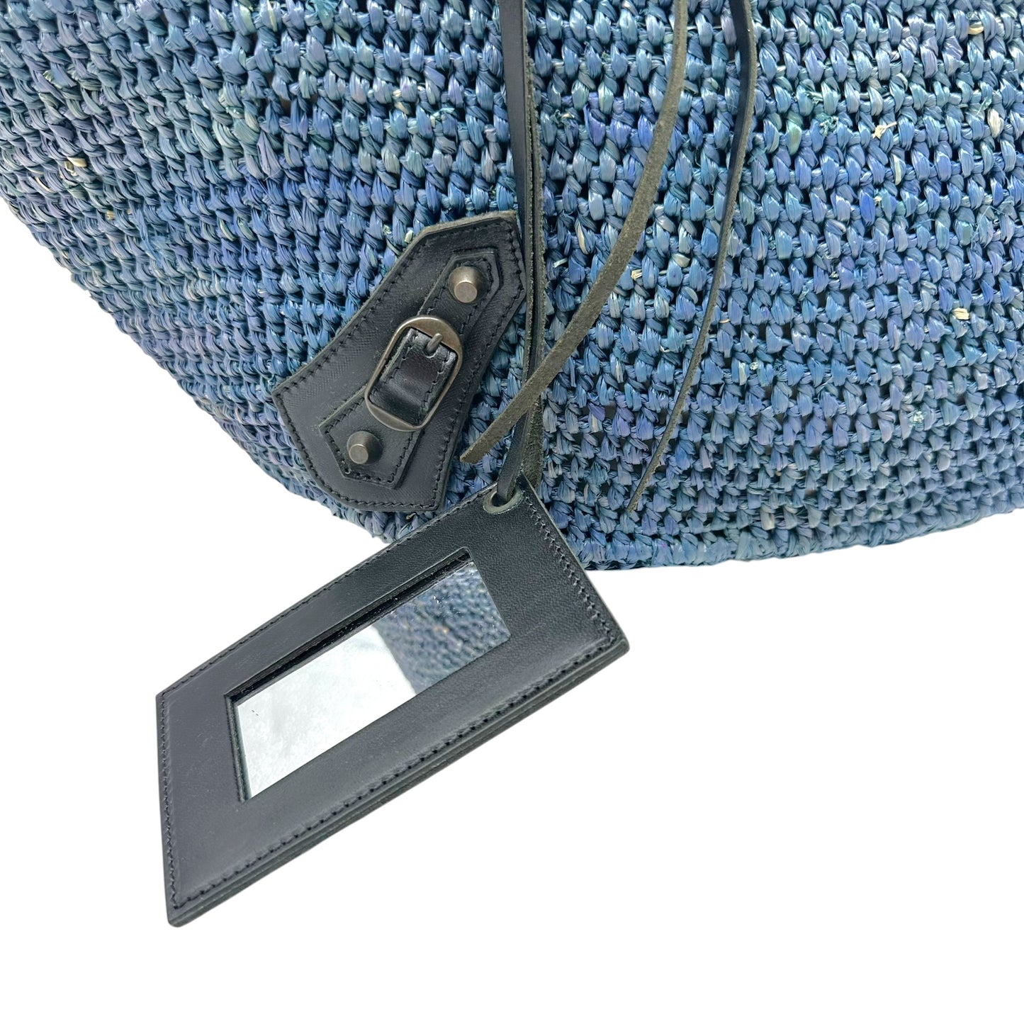 Balenciaga Large 2-Way City Beach Bag Blue Raffia Black Leather