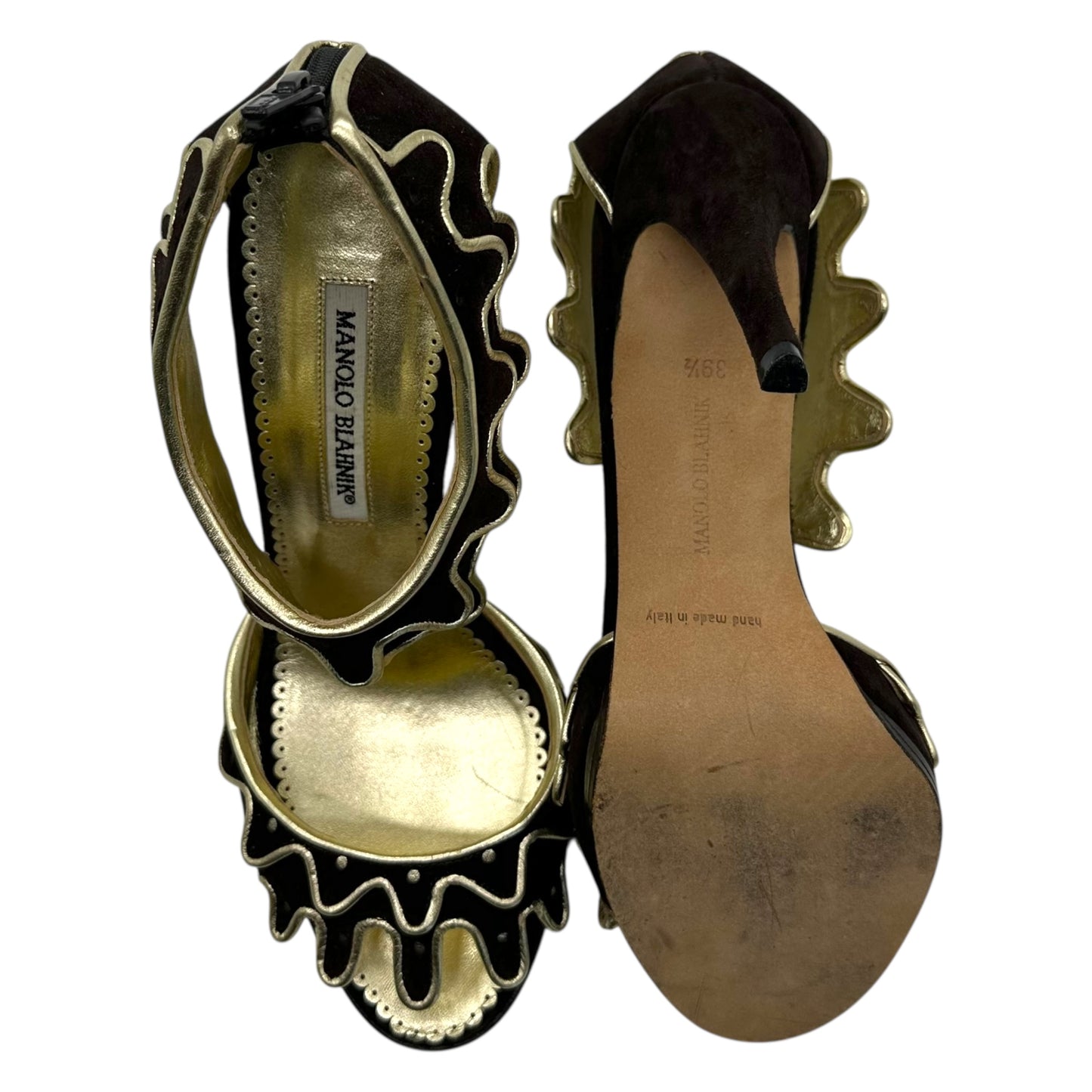Manolo Blahnik Brown Suede & Gold 'Melting' Heels