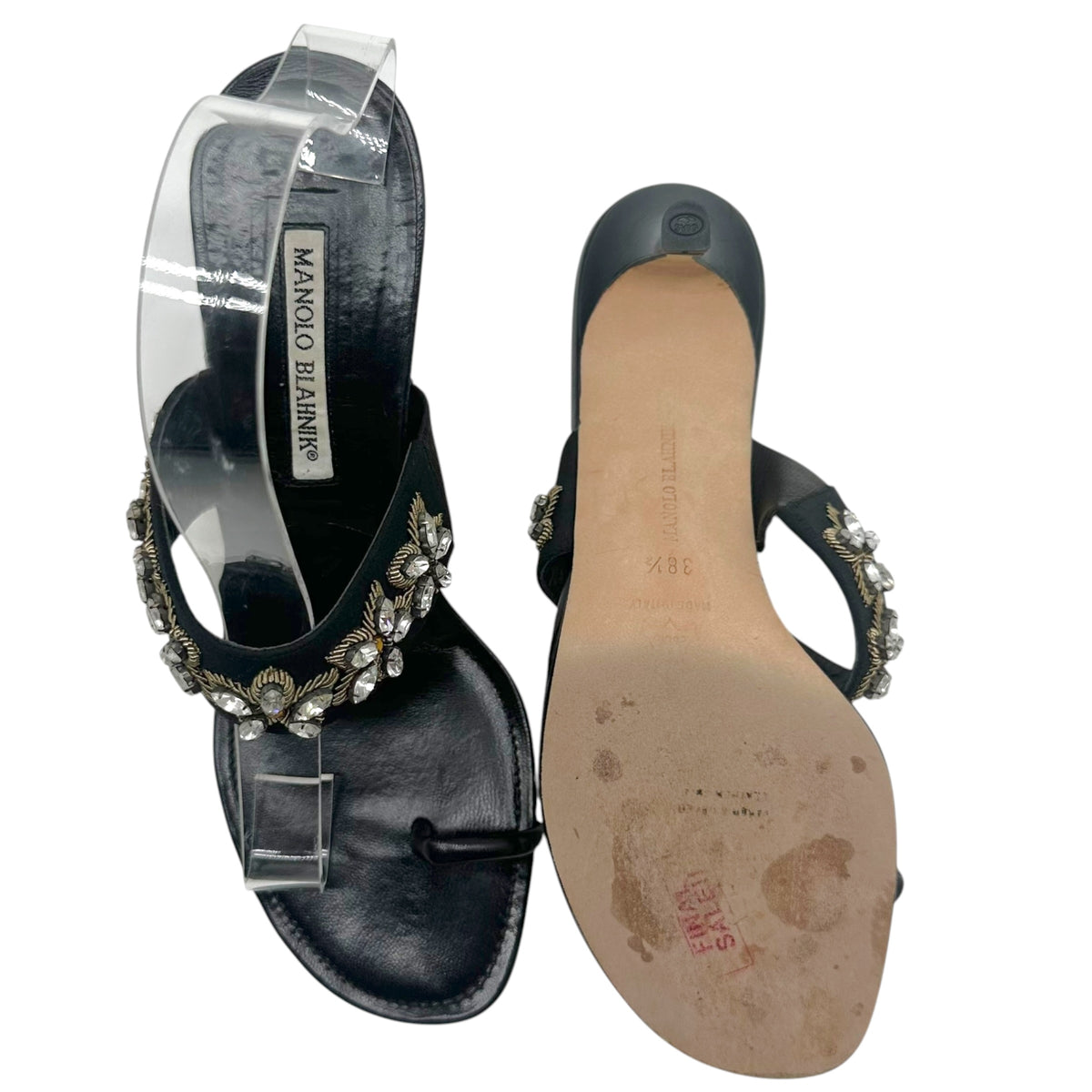 Manolo Blahnik Black Beaded Strap Kitten Heel Sandals
