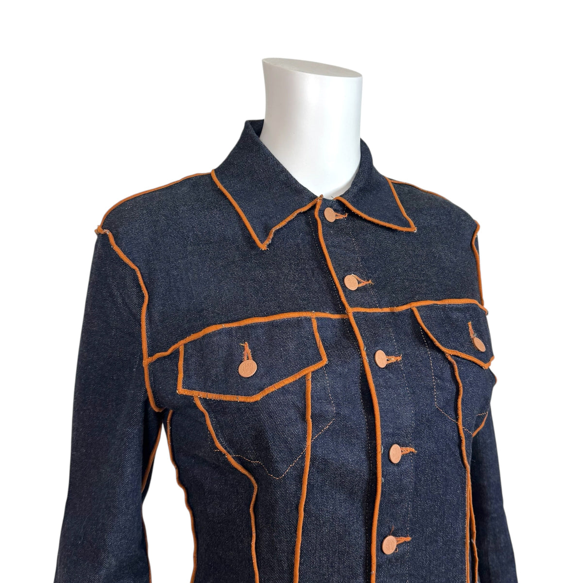 Jean Paul Gaultier JPG Jean's Dark Wash Denim Orange Contrast Stitch Jacket