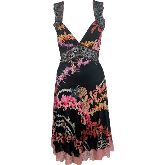 Just Cavalli Black Multicolor Floral Lace Trim Midi Dress