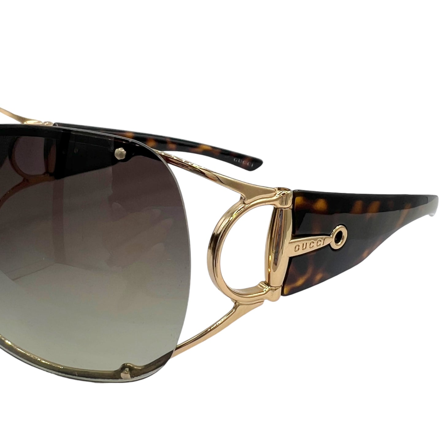 Gucci Tortoise Brown & Gold Horsebit Arm Oversized Shield Sunglasses GG2764 w/ Case
