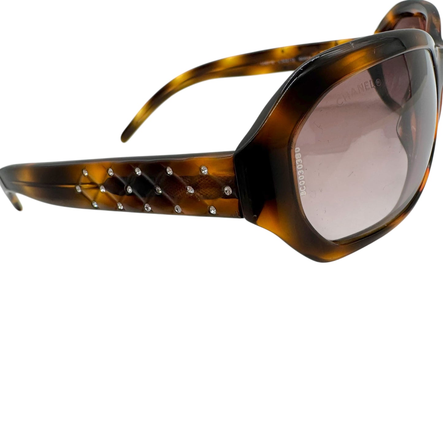 Chanel Brown Tortoise Rhinestone Arm Rectangle Sunglasses 5062