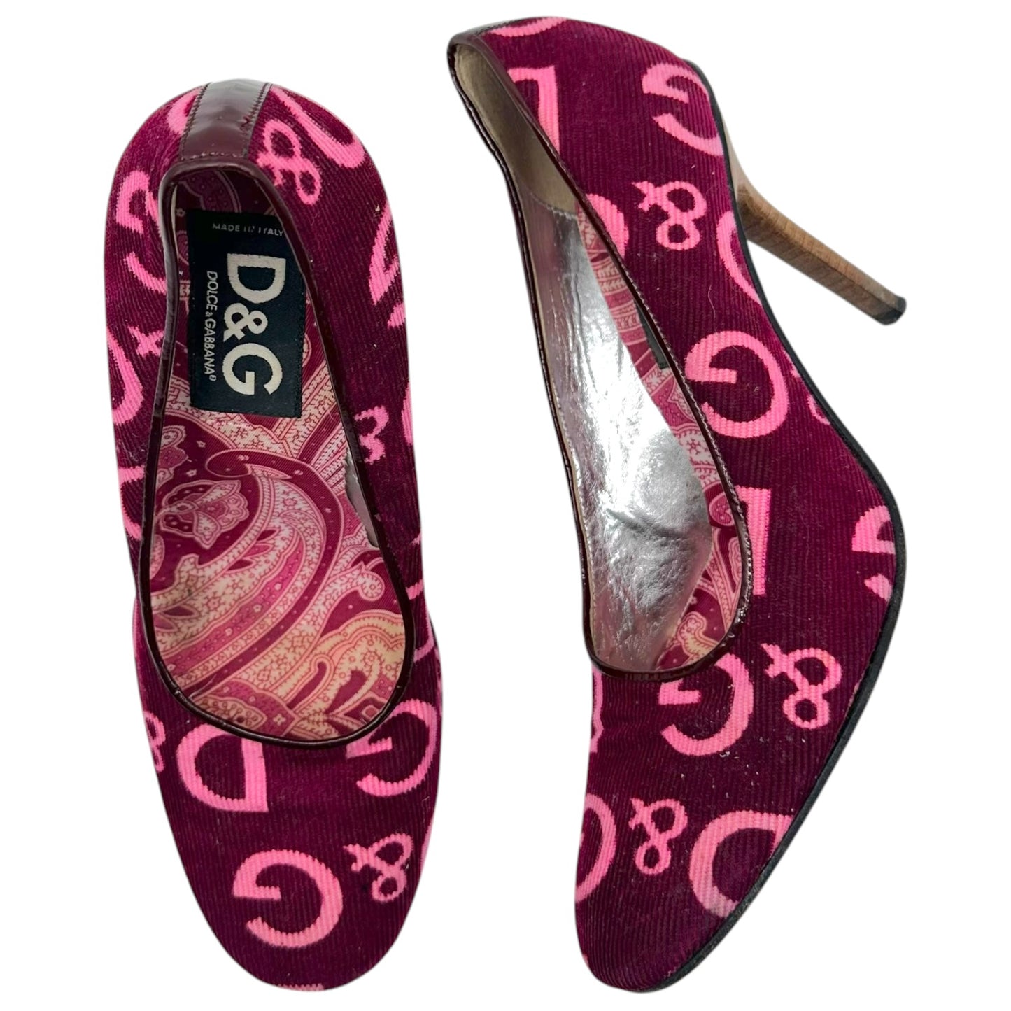 D&G Pink Purple Logo Print Corduroy Heels