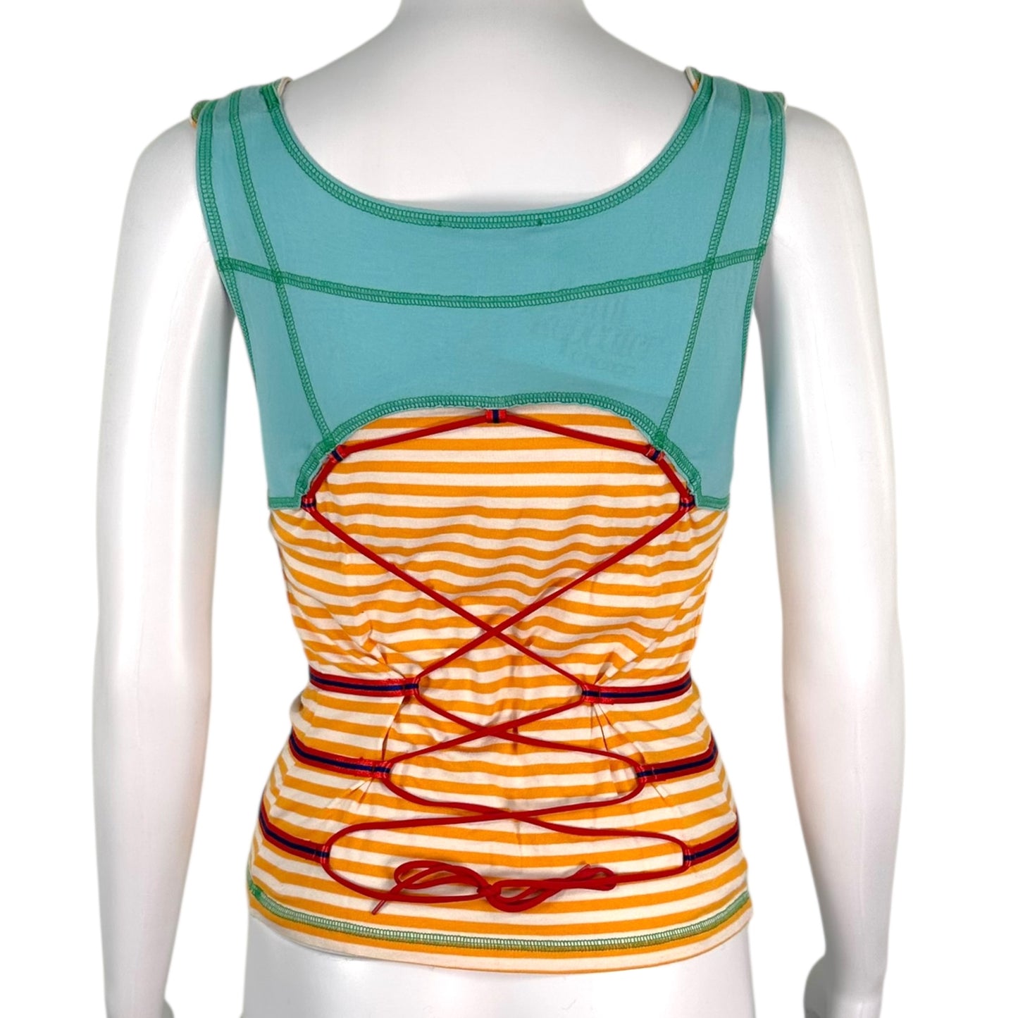 Issey Miyake Teal Blue & Orange Striped Corset Back Tank Top