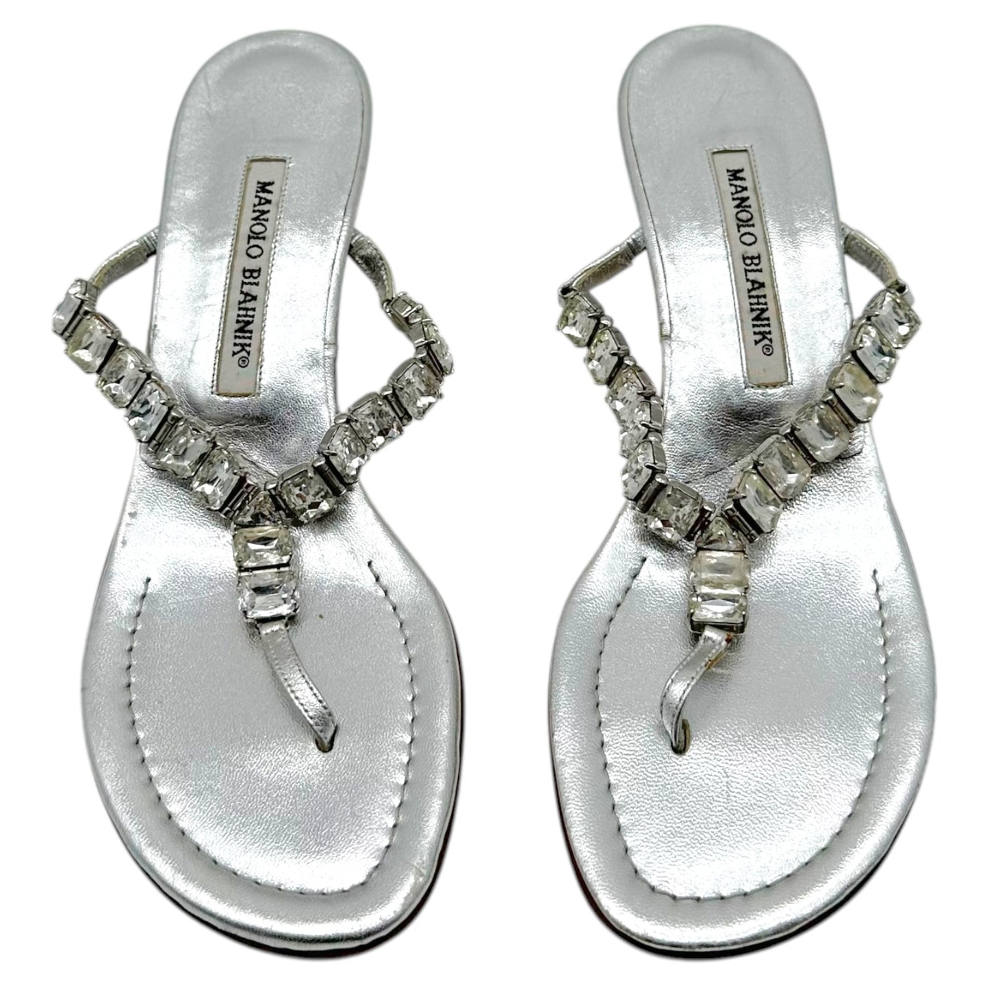 Manolo Blahnik Silver Crystal Embellished Kitten Heel Flip Flops