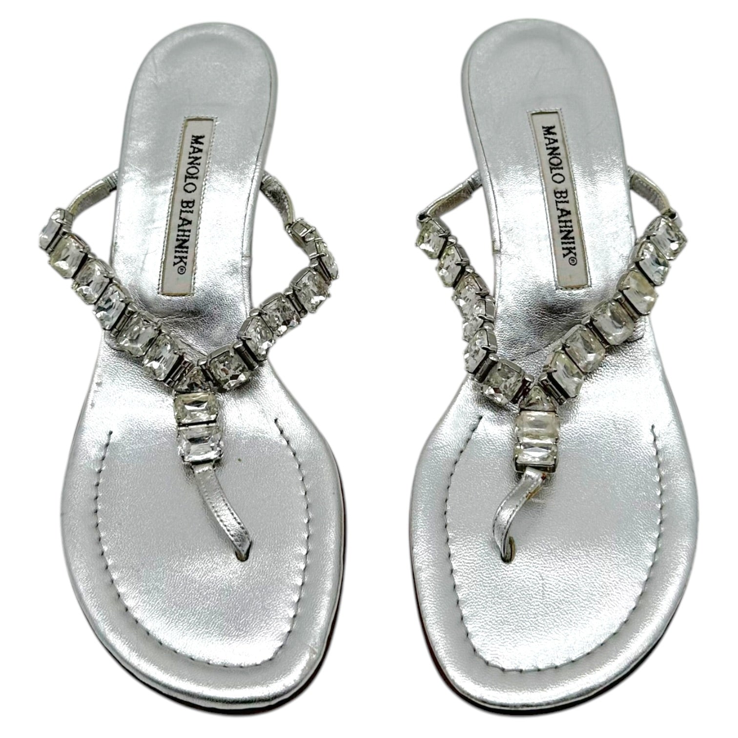 Manolo Blahnik Silver Crystal Embellished Kitten Heel Flip Flops