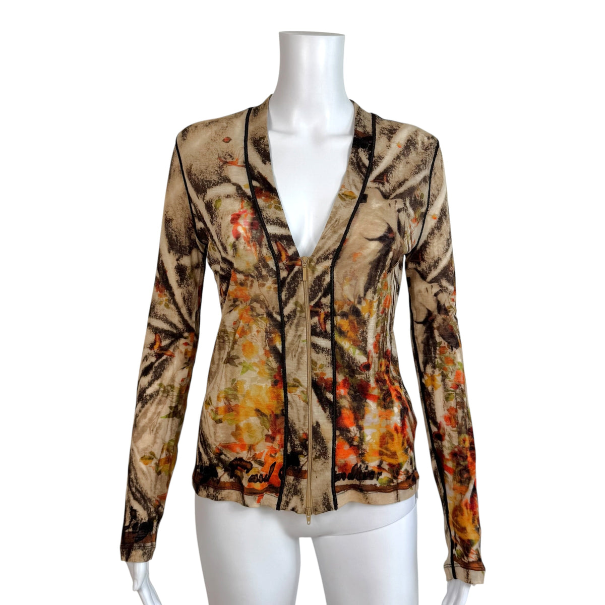 Jean Paul Gaultier Beige & Orange Printed Wool Zip-Up Sweater