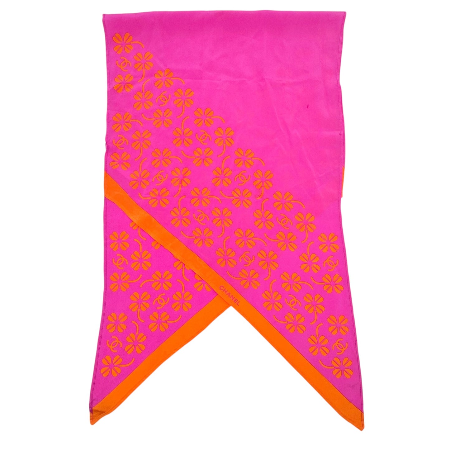 Chanel Hot Pink & Orange Clover Print Silk Scarf