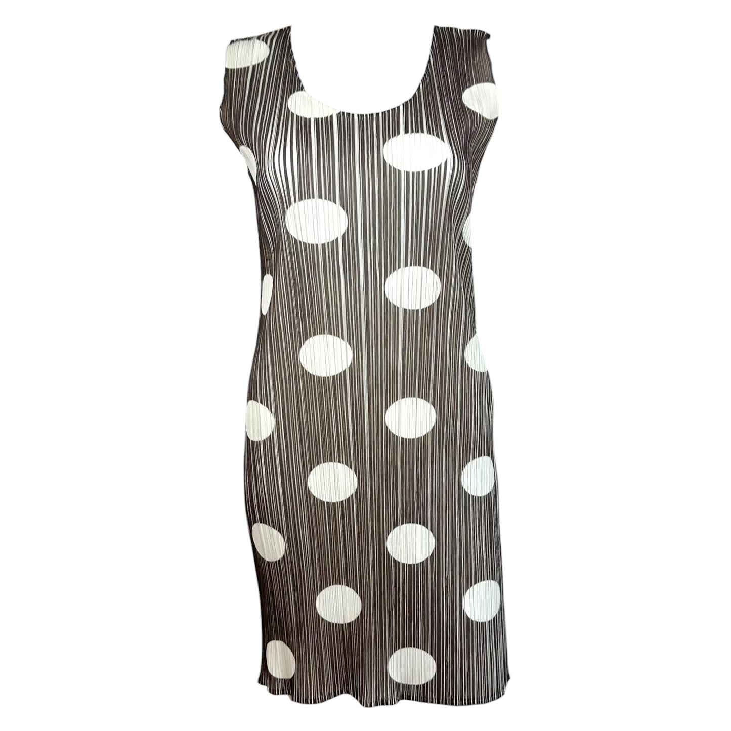Issey Miyake Pleats Please Brown & White Polka Dot Print Pleated Mini Dress