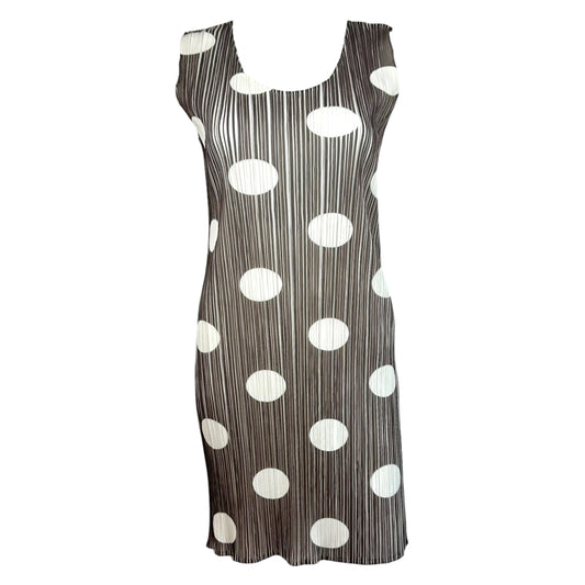 Issey Miyake Pleats Please Brown & White Polka Dot Print Pleated Mini Dress