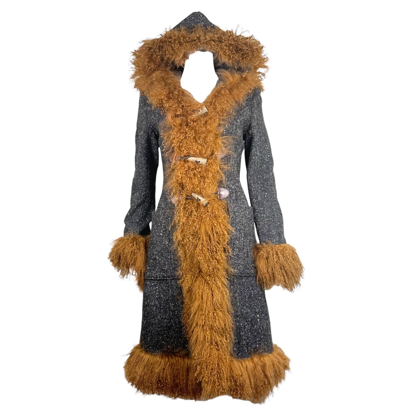 Dolce & Gabbana Gray Tweed and Brown Mongolian Lamb Fur Afghan Coat