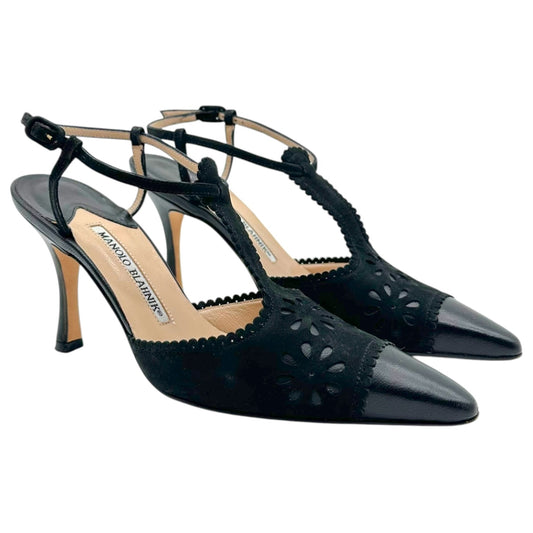 Manolo Blahnik Black Eyelet Suede & Leather Pointed Toe Heels