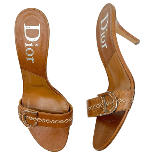 Christian Dior Tan Leather Heeled Mule Sandals