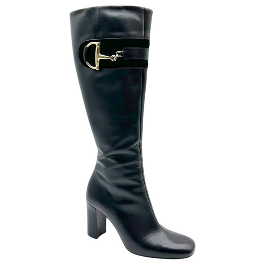 Gucci Black Leather Horsebit Knee High Heeled Boots