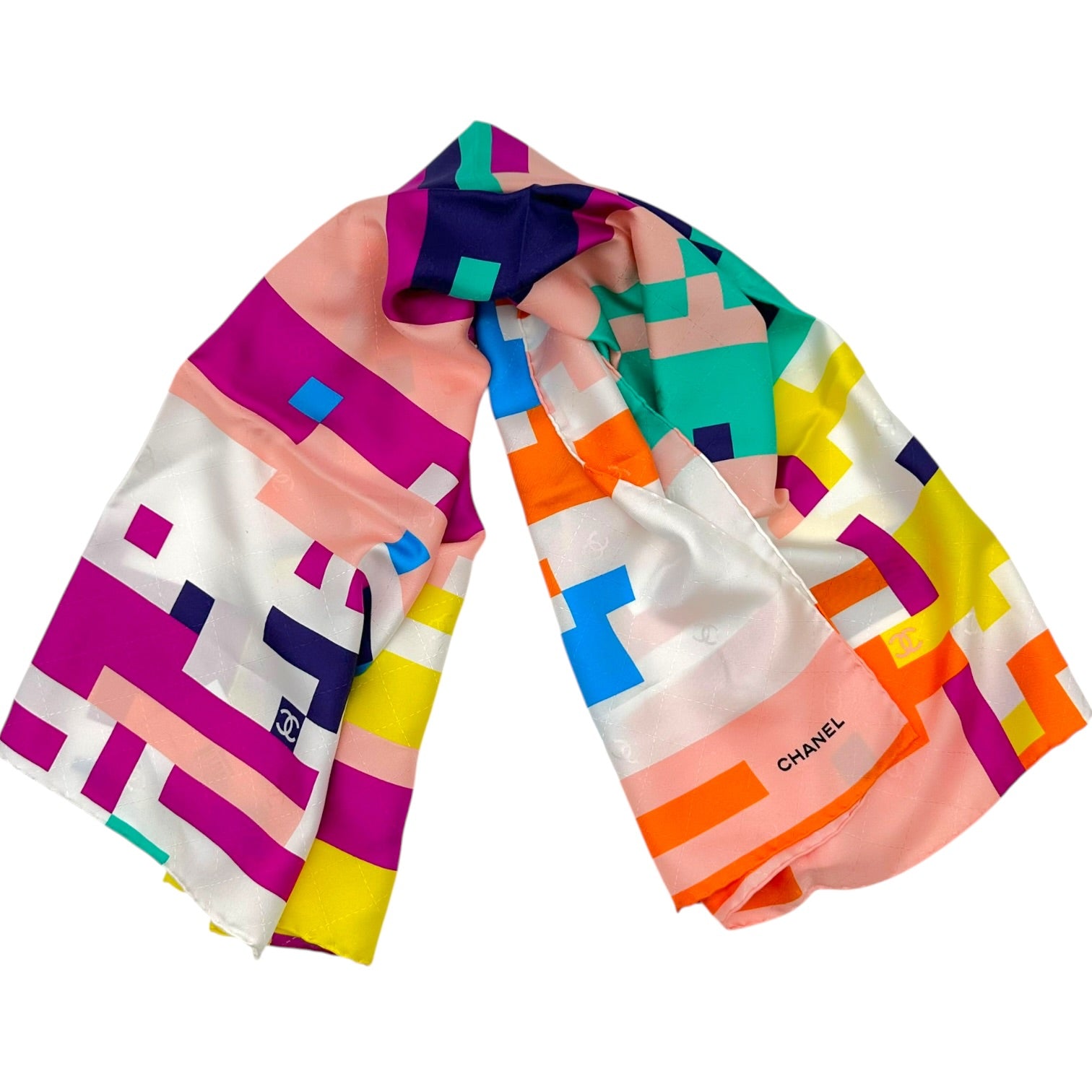 Chanel Large Silk Square Scarf Multicolor Pixelated Print