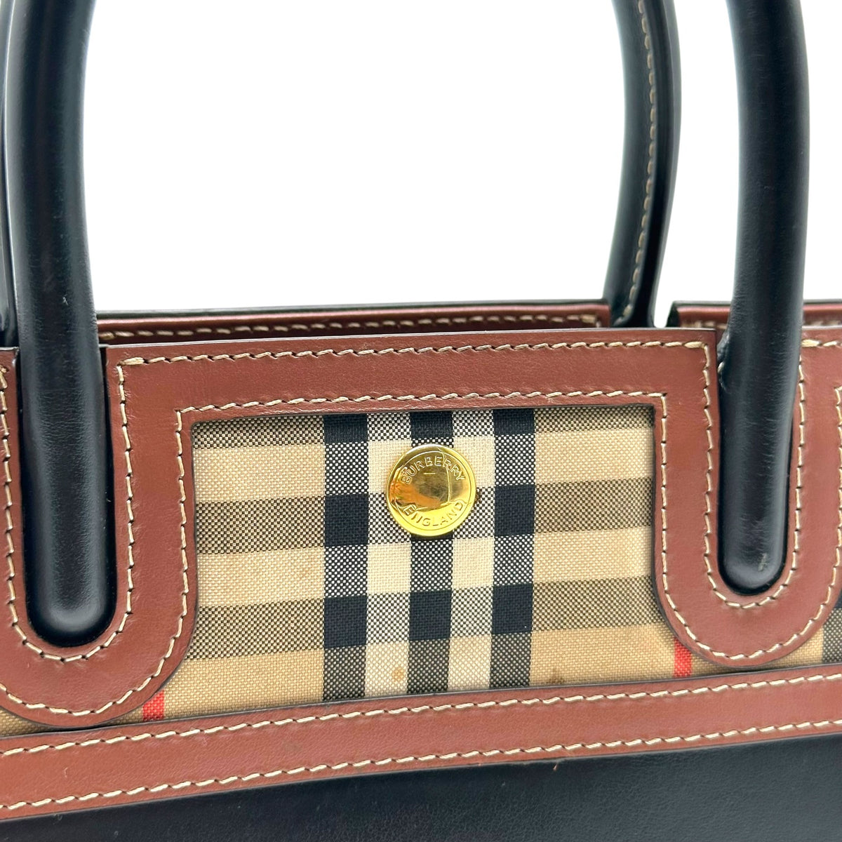 Burberry Mini Tote Bag Black Leather Nova Check Plaid