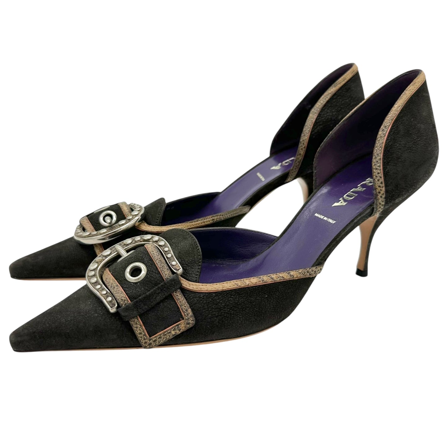 Prada Black Leather Buckle Kitten Heels