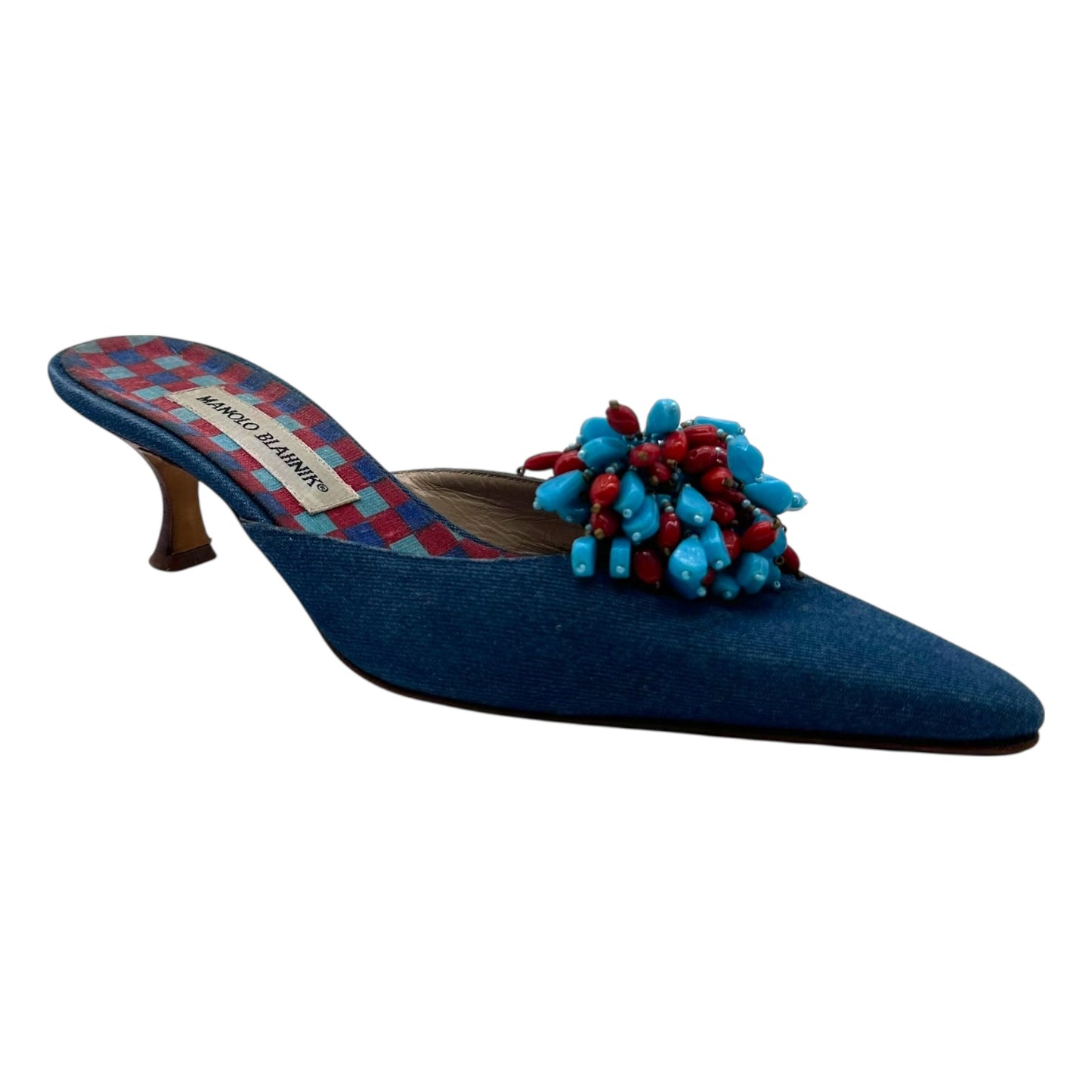 Manolo Blahnik Denim Bead Embellished Kitten Heels