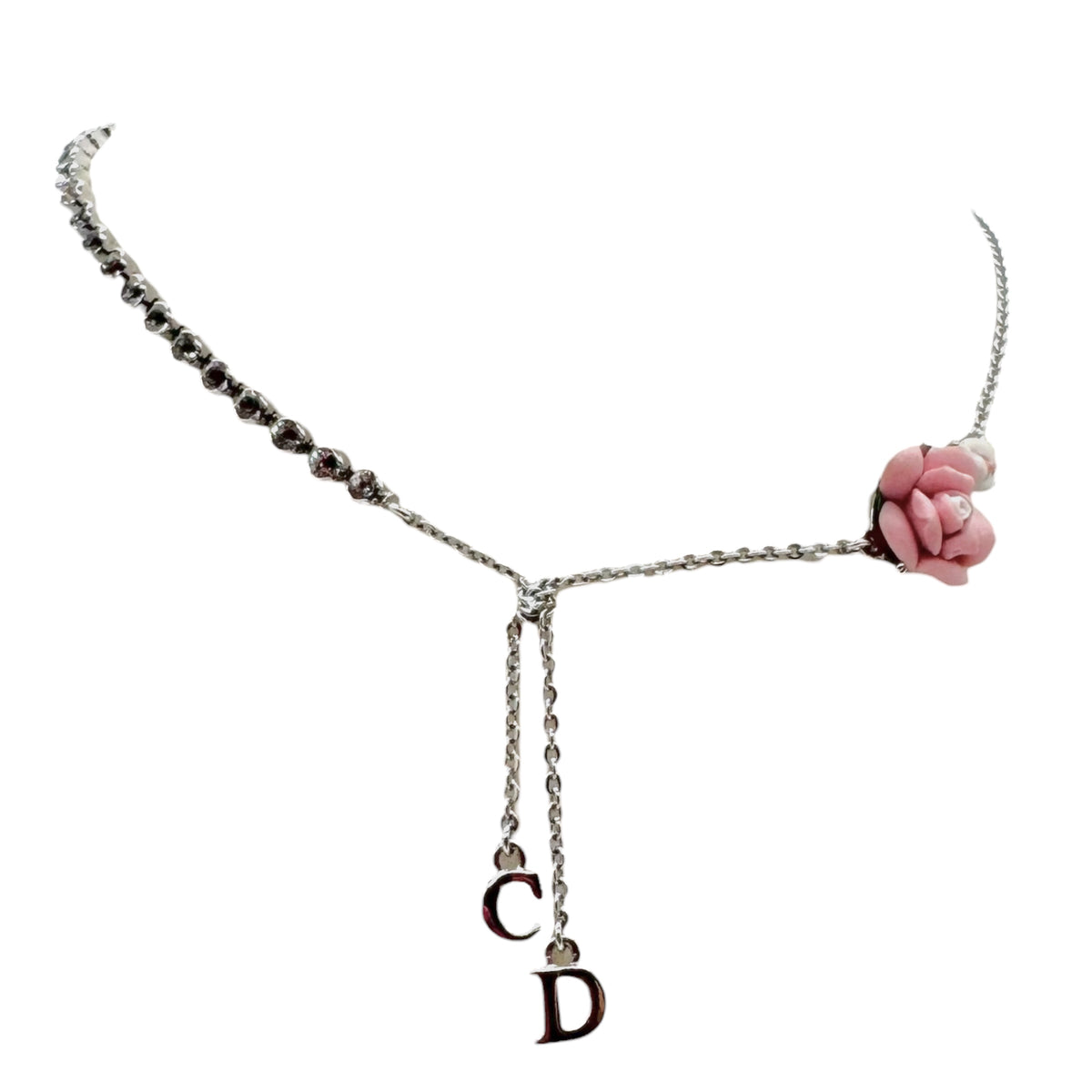 Christian Dior Silver Rhinestone Flower & Bow Logo Necklace