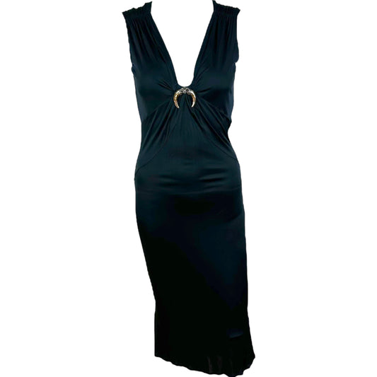 Roberto Cavalli Black Silk Knit Horn Embellished Midi Dress