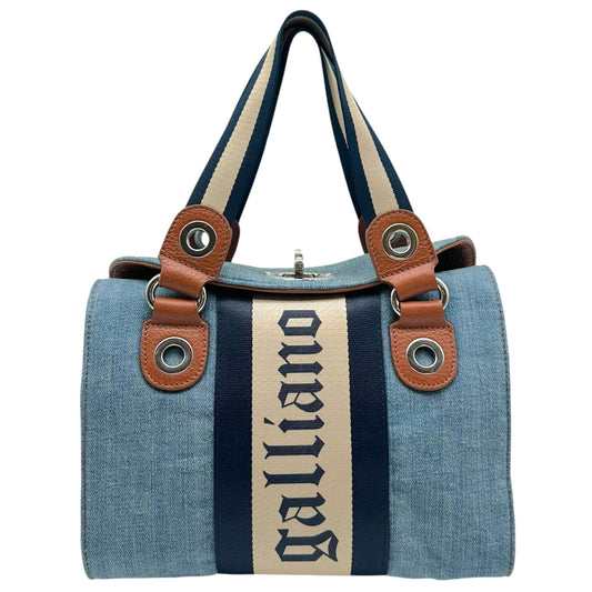 Galliano Brown Leather Denim Handbag With Logo Stripe