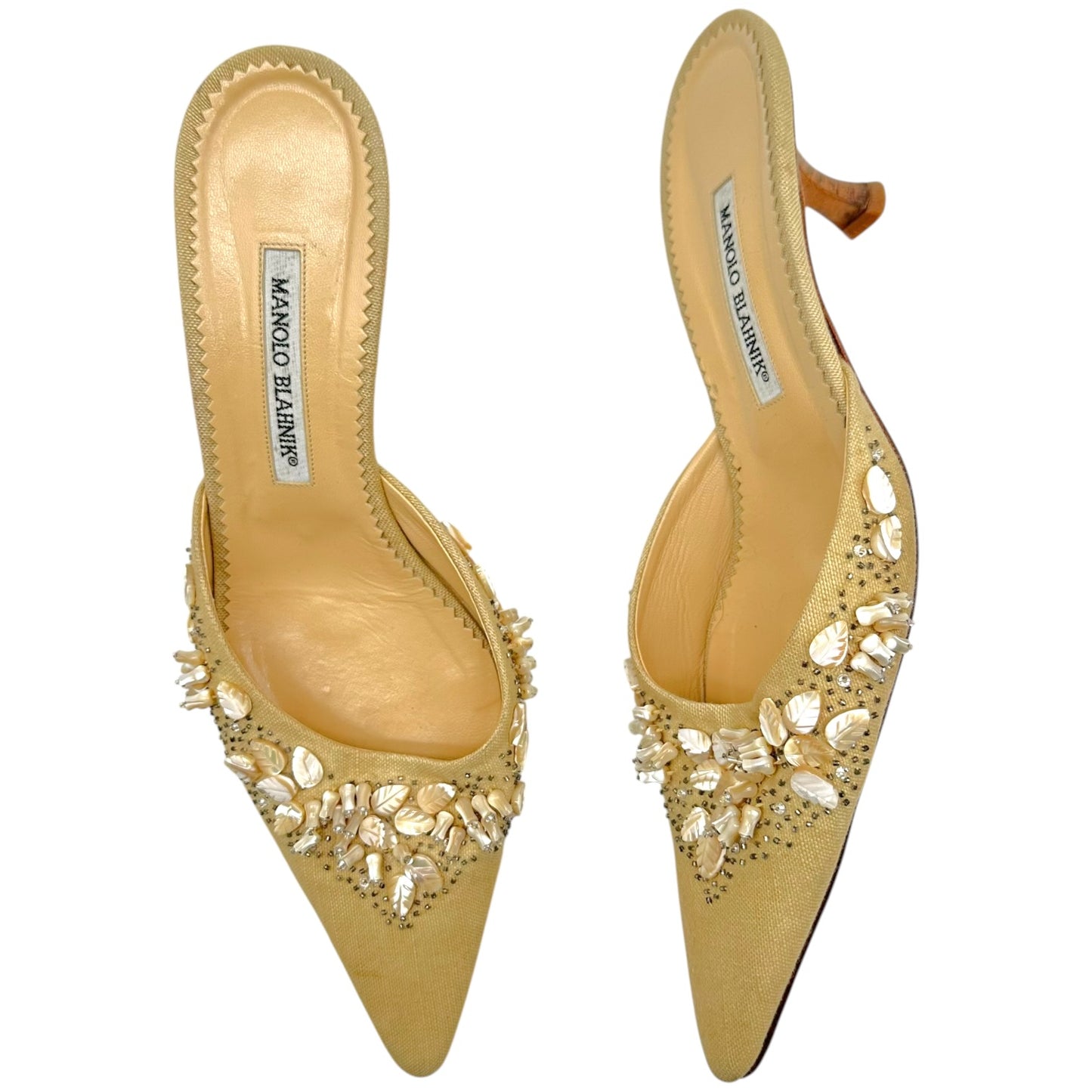Manolo Blahnik Beige & Mother of Pearl Beaded Kitten Heel Mules