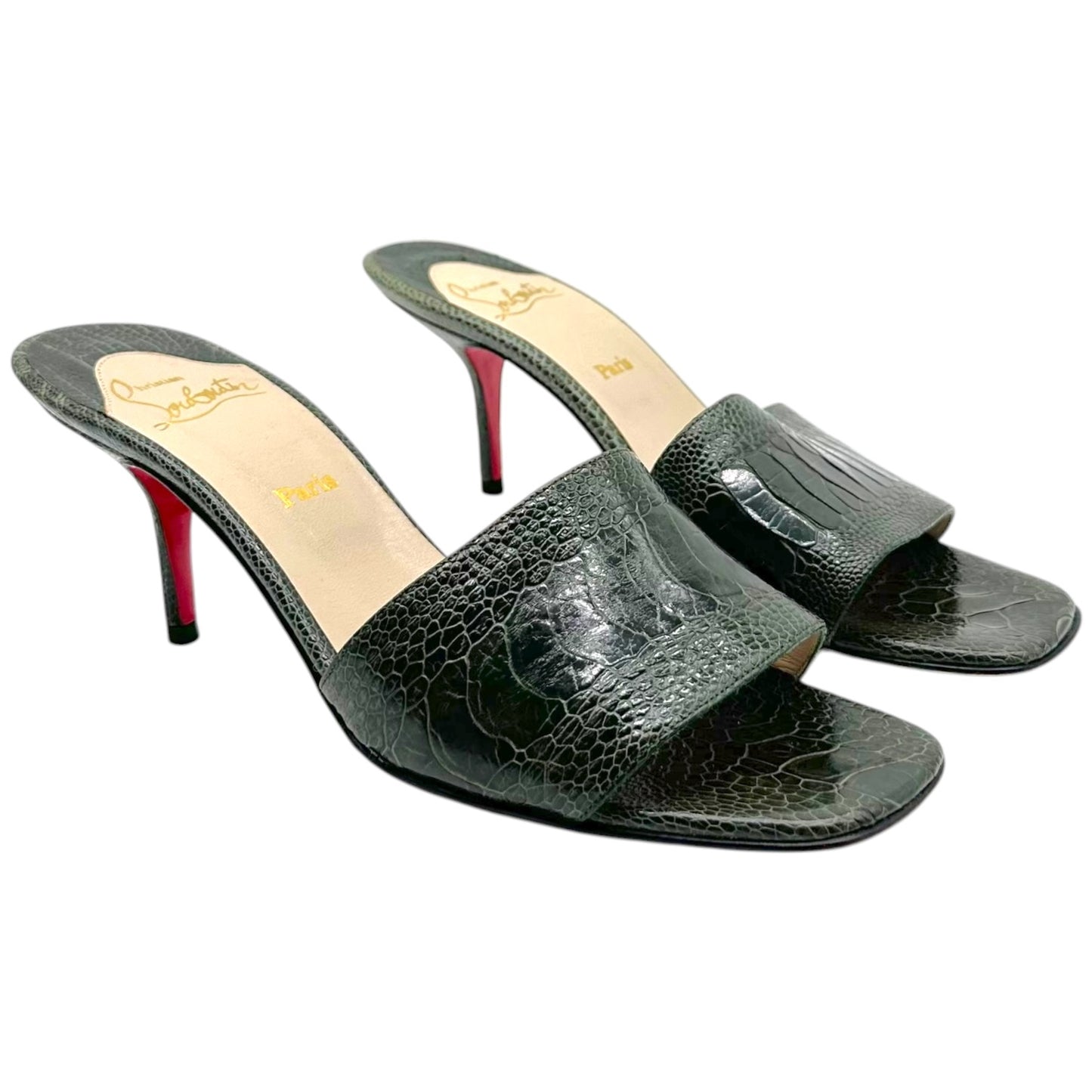 Christian Louboutin Dark Green Croc Mule Sandal Heels