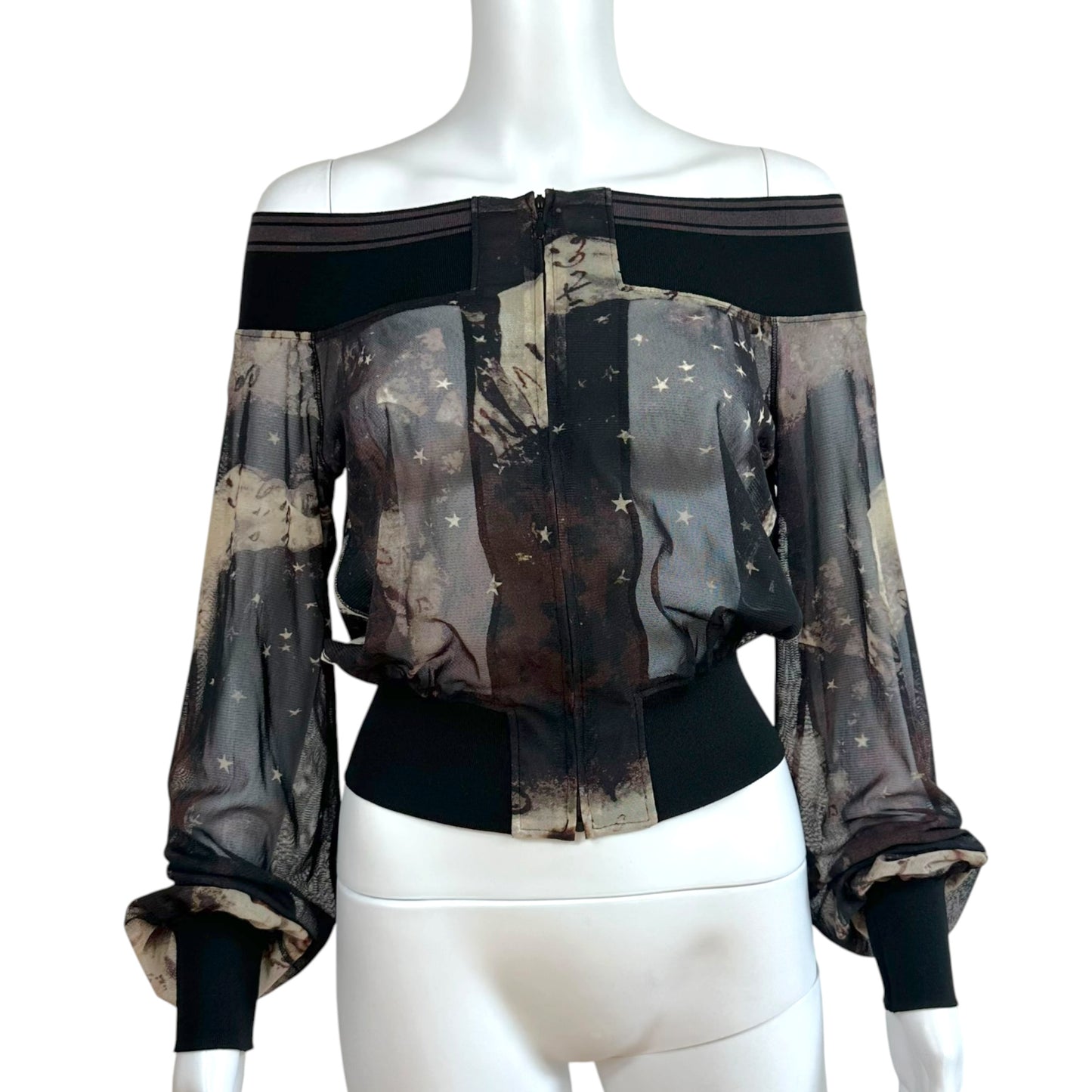 Jean Paul Gaultier Off Shoulder Black & Gray Star Print Mesh Zip-Up Top