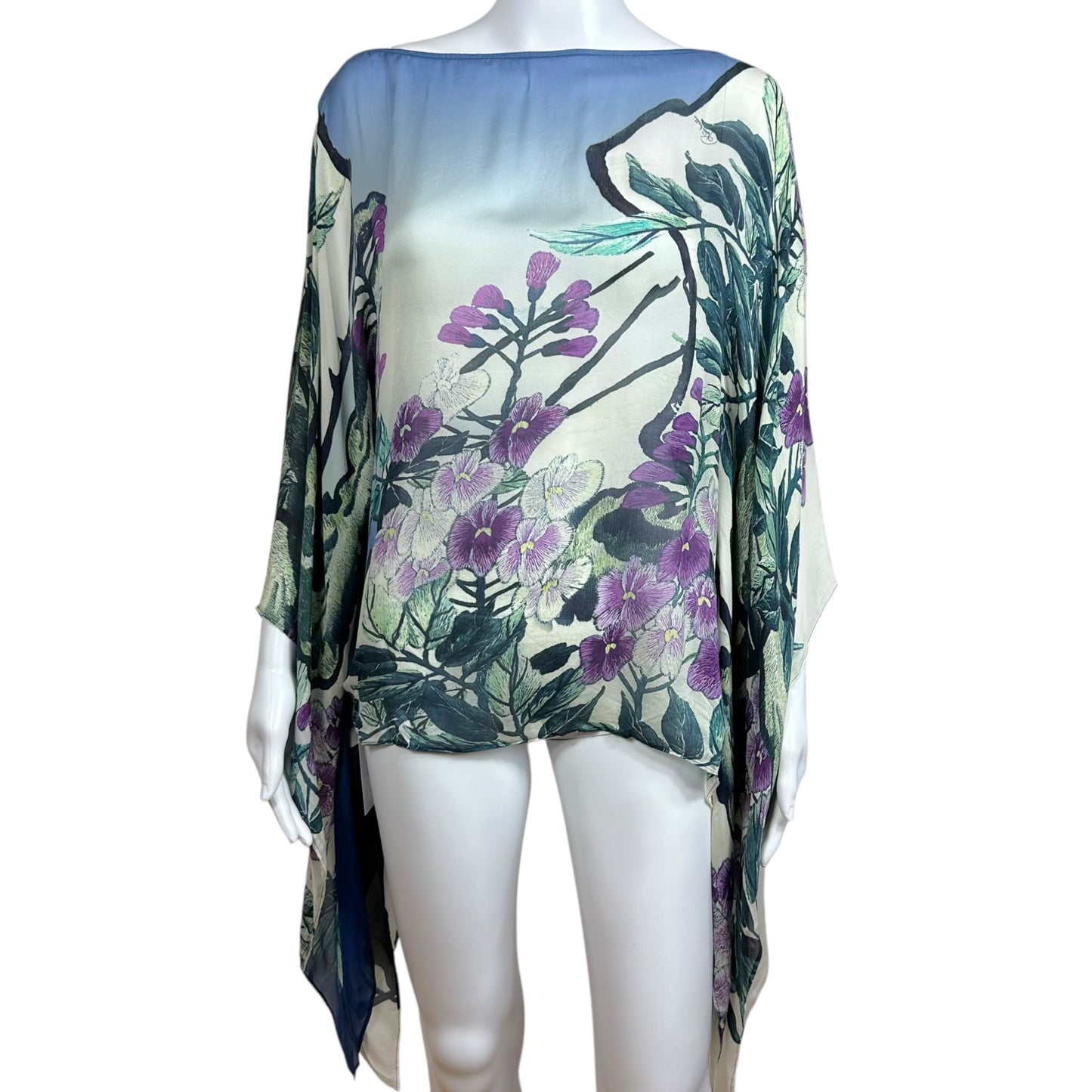 Roberto Cavalli Blue Floral Silk Khaftan Blouse