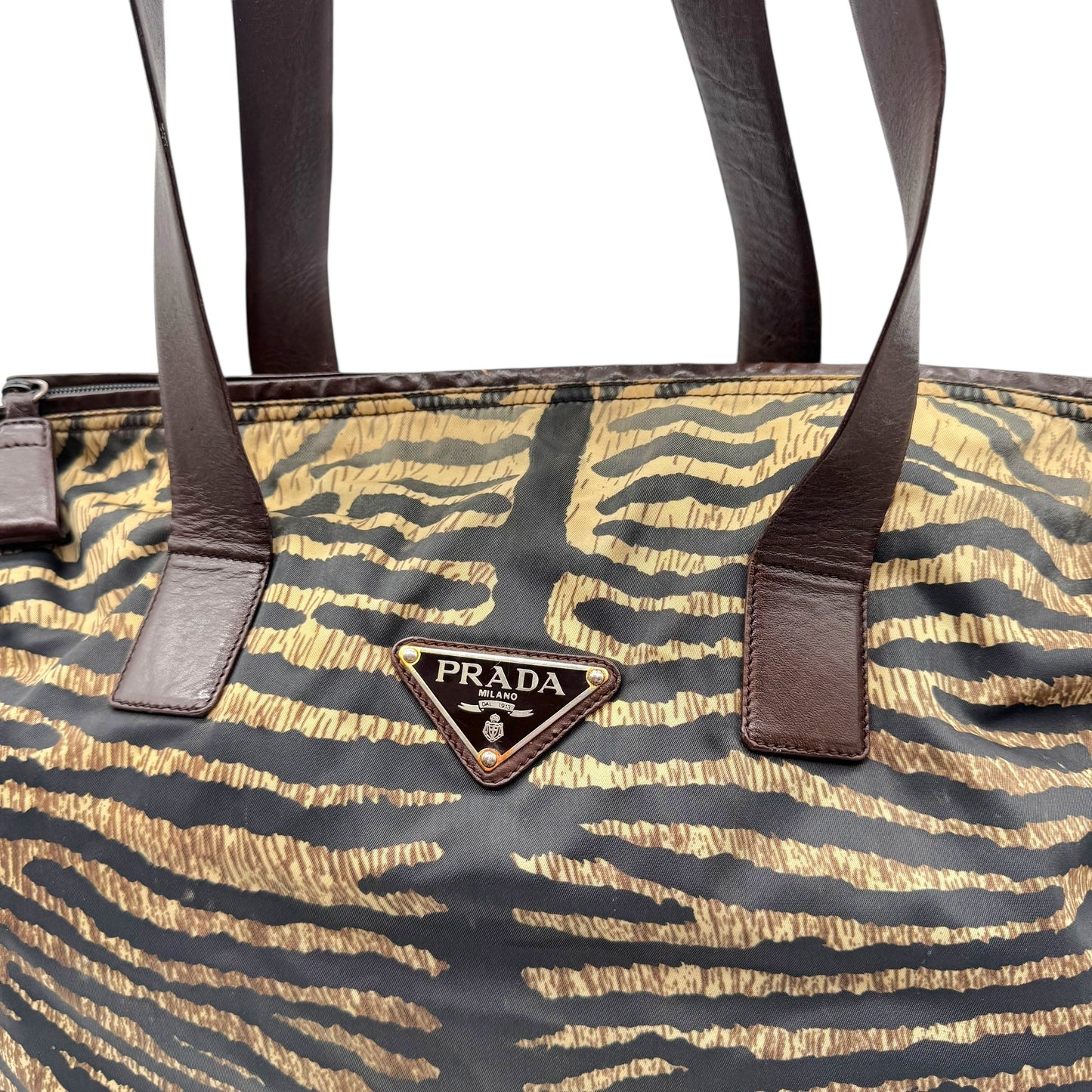 Prada Brown Zebra Print Nylon & Leather Shoulder Tote Bag - Outfit Repeater