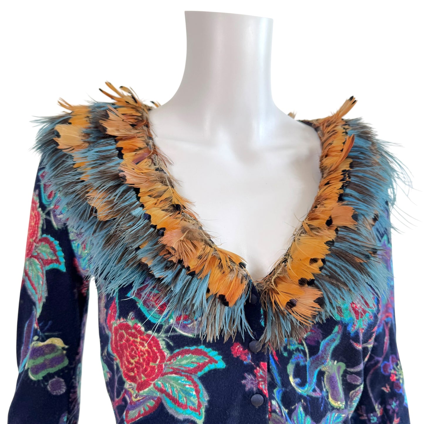 Blumarine Blue Floral Feather Trim Collar Cardigan