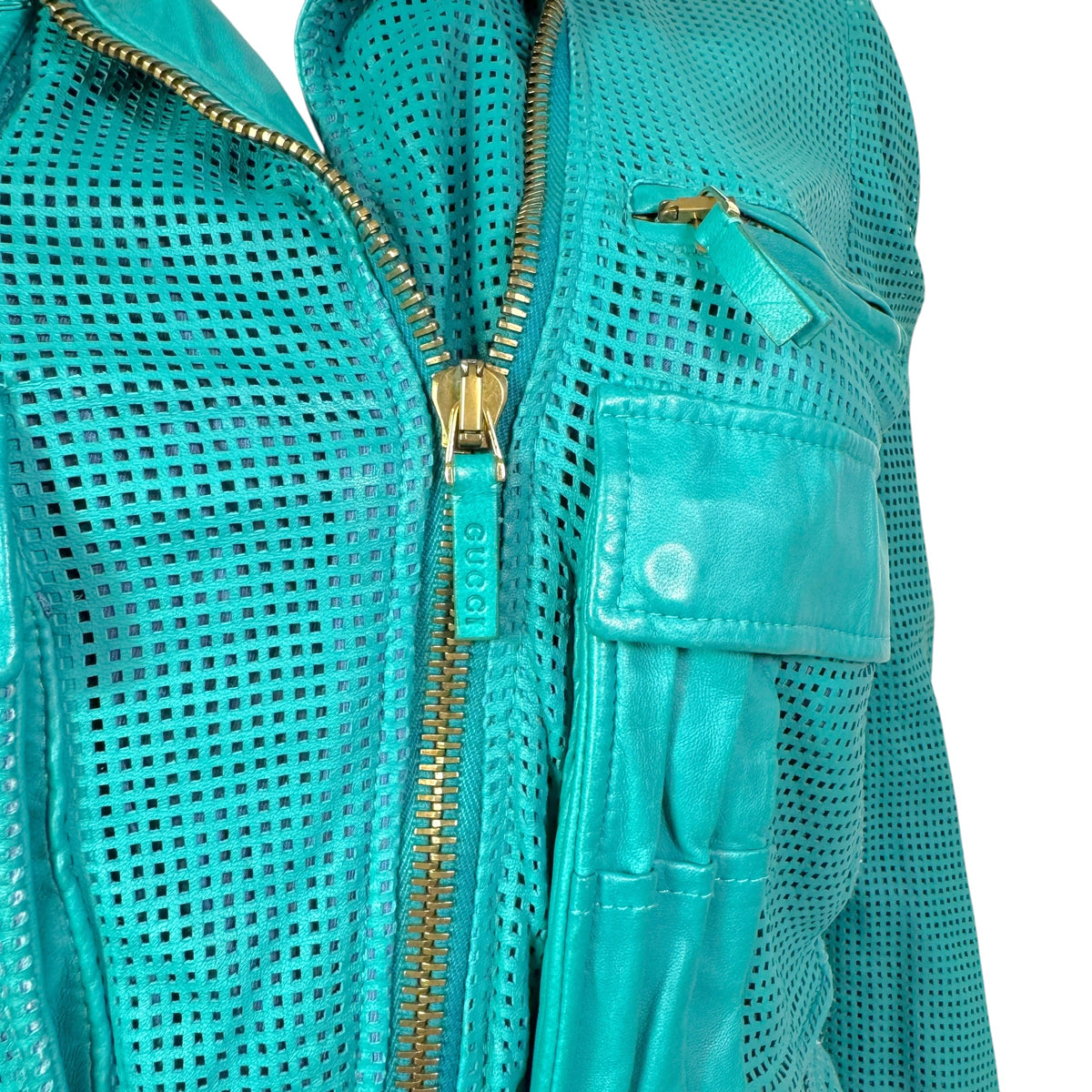 Gucci Cropped Turquoise Perforated Leather Jacket