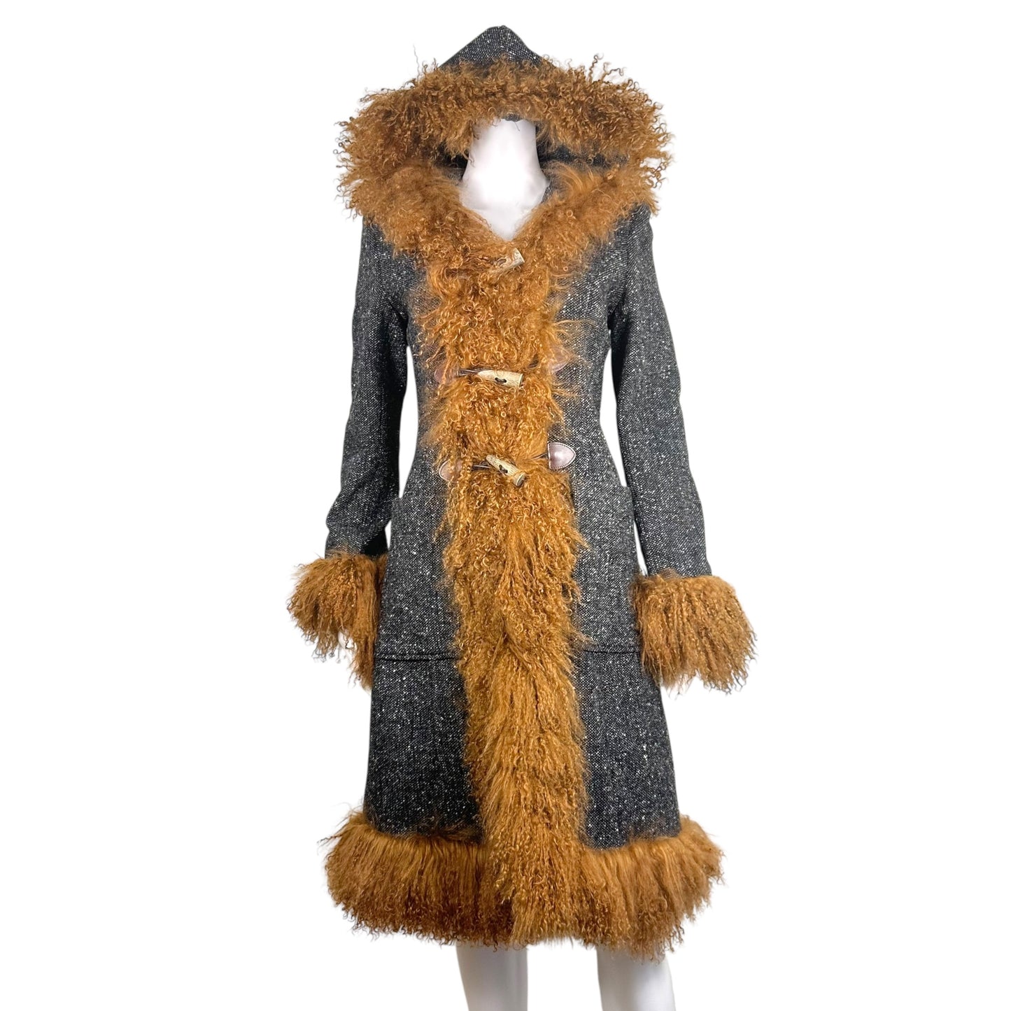 Dolce & Gabbana Gray Tweed and Brown Mongolian Lamb Fur Afghan Coat