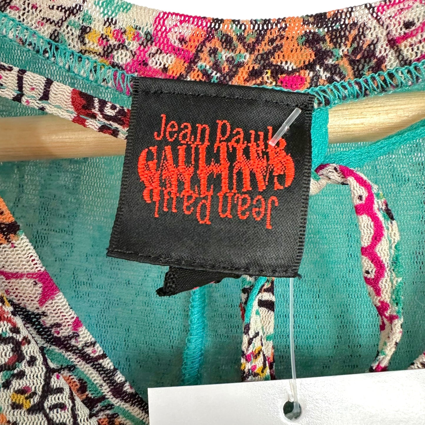 Jean Paul Gaultier Turquoise & Multicolor Paisley Mesh Ruffle Neckline Blouse