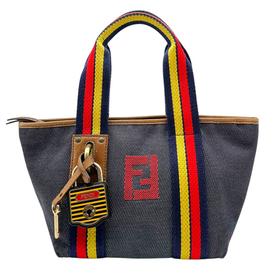 Fendi Denim & Striped Mini Logo Embroidered Tote Bag