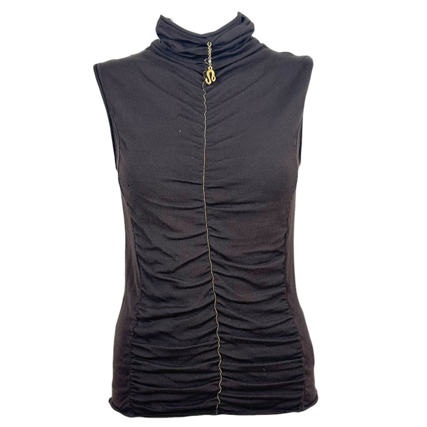 Roberto Cavalli 2003 Gold Charm & Brown Knit Sleeveless Turtleneck Top