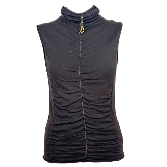 Roberto Cavalli 2003 Gold Charm & Brown Knit Sleeveless Turtleneck Top