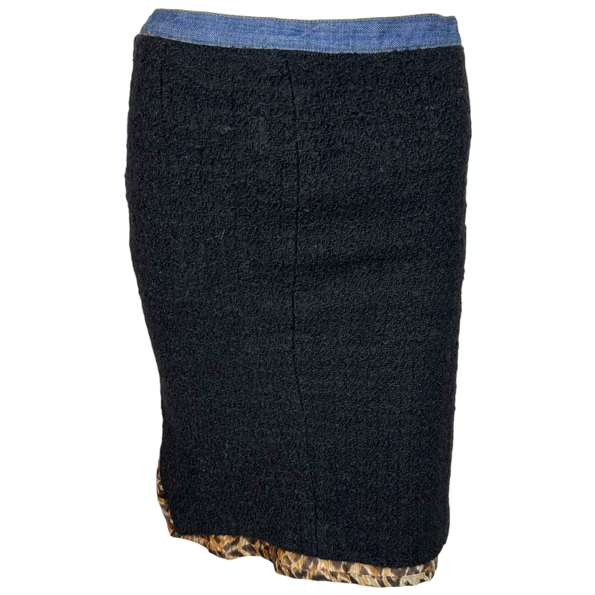 Dolce & Gabbana Black Tweed Denim Leopard Print Midi Skirt