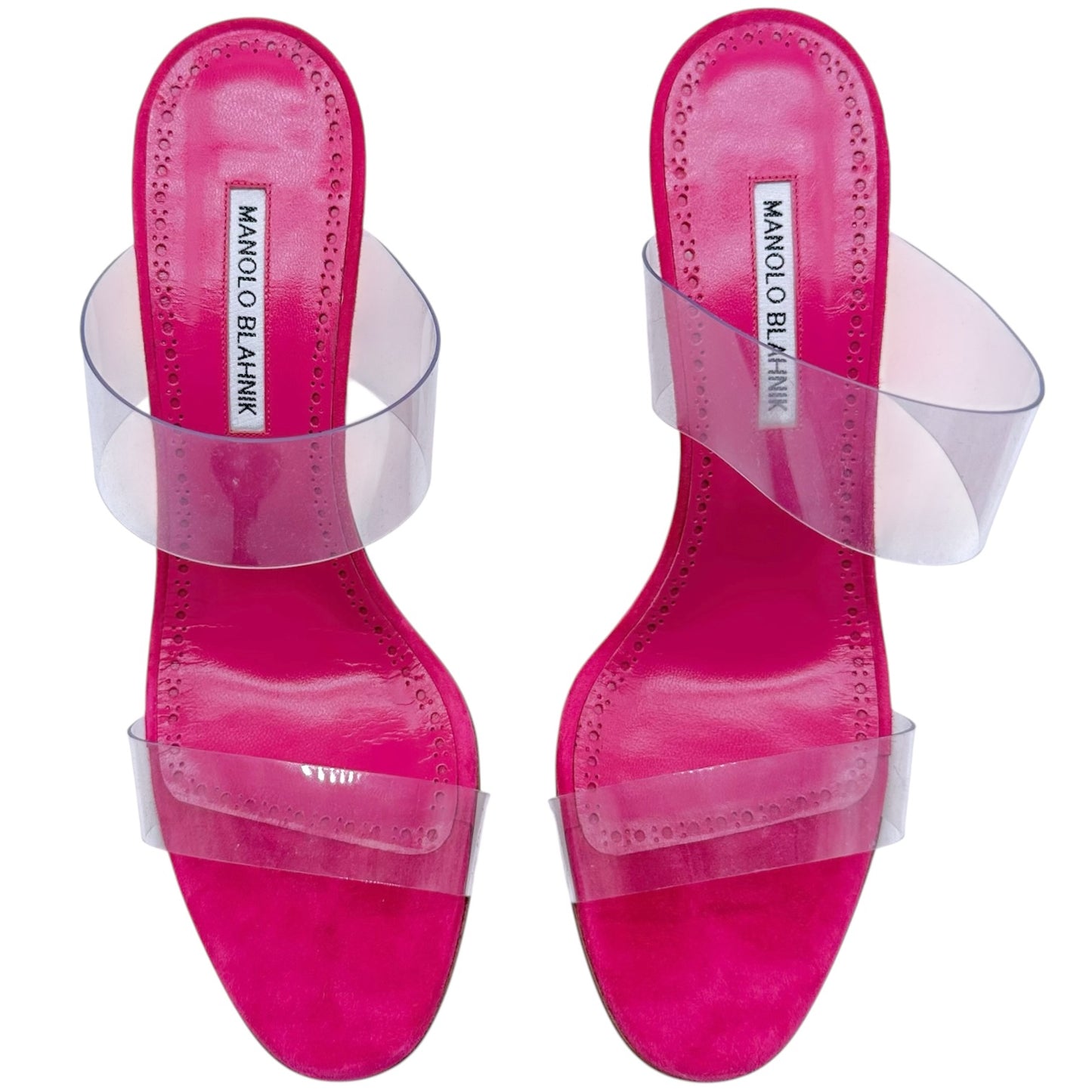 Manolo Blahnik Hot Pink Suede & Clear PVC Sandal Heels
