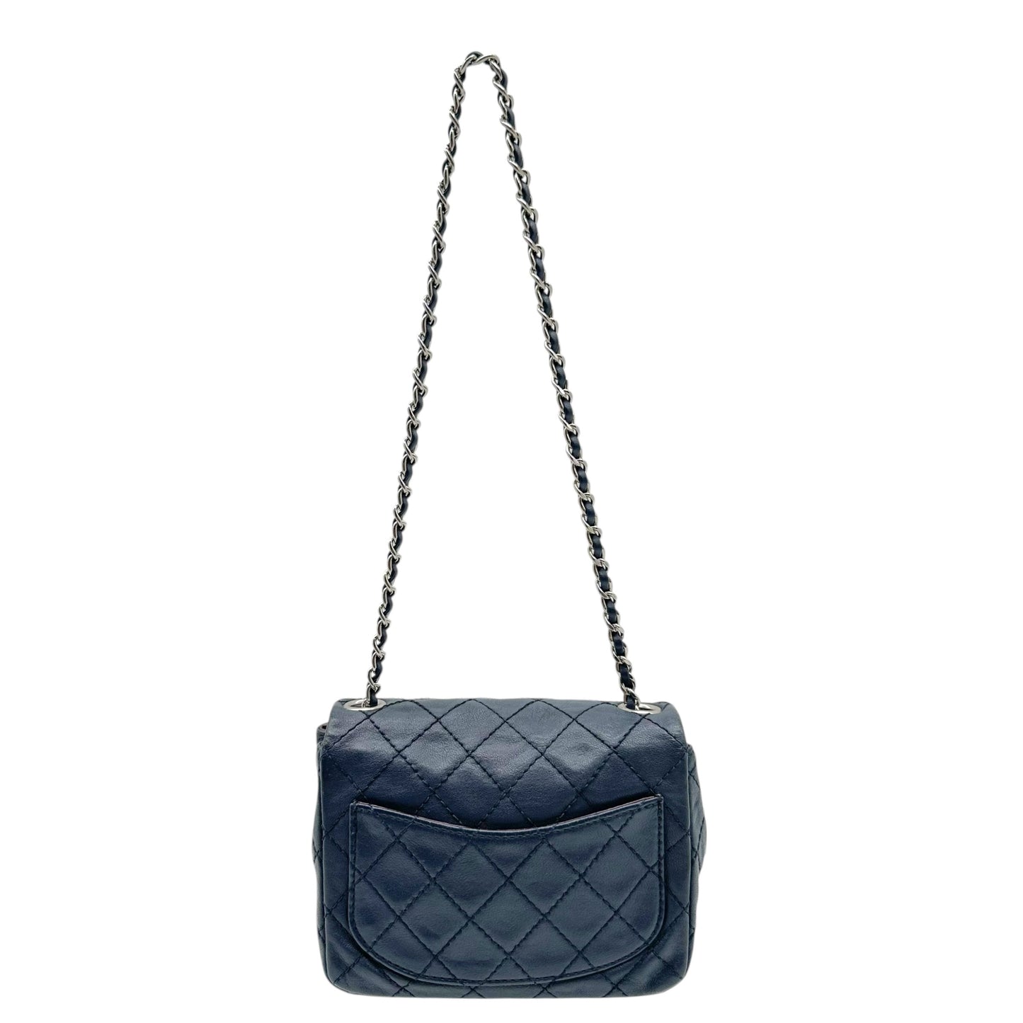 Chanel Navy Blue & Silver Mini Square Flap Crossbody Bag
