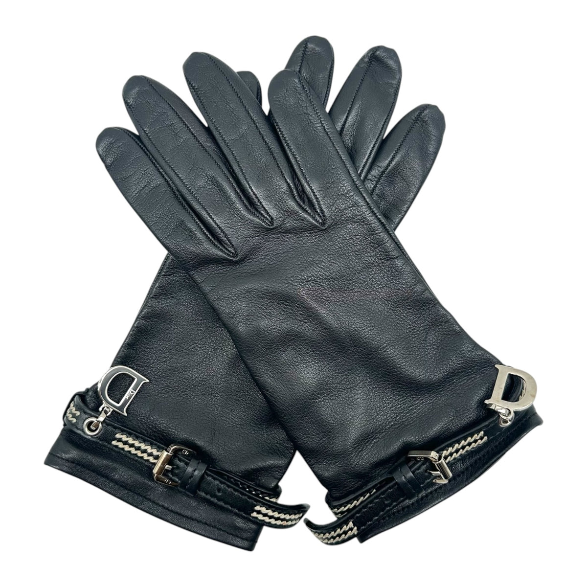 Christian Dior Leather Gloves Black White Contrast Stitch