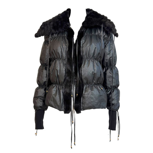 Roberto Cavalli Black Down-Fill Puffer Coat Mink Fur Trim