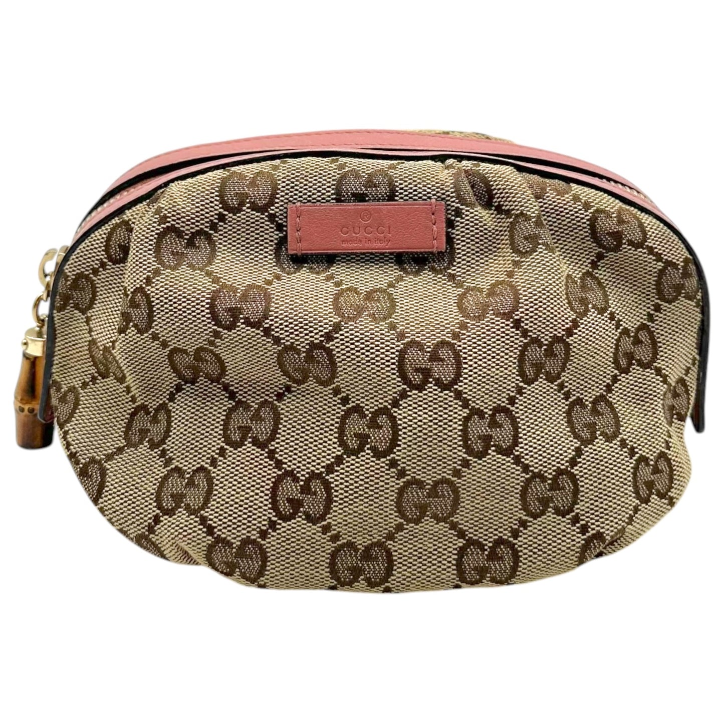 Gucci Pink Tan Monogram Bamboo Zip Cosmetic Pouch